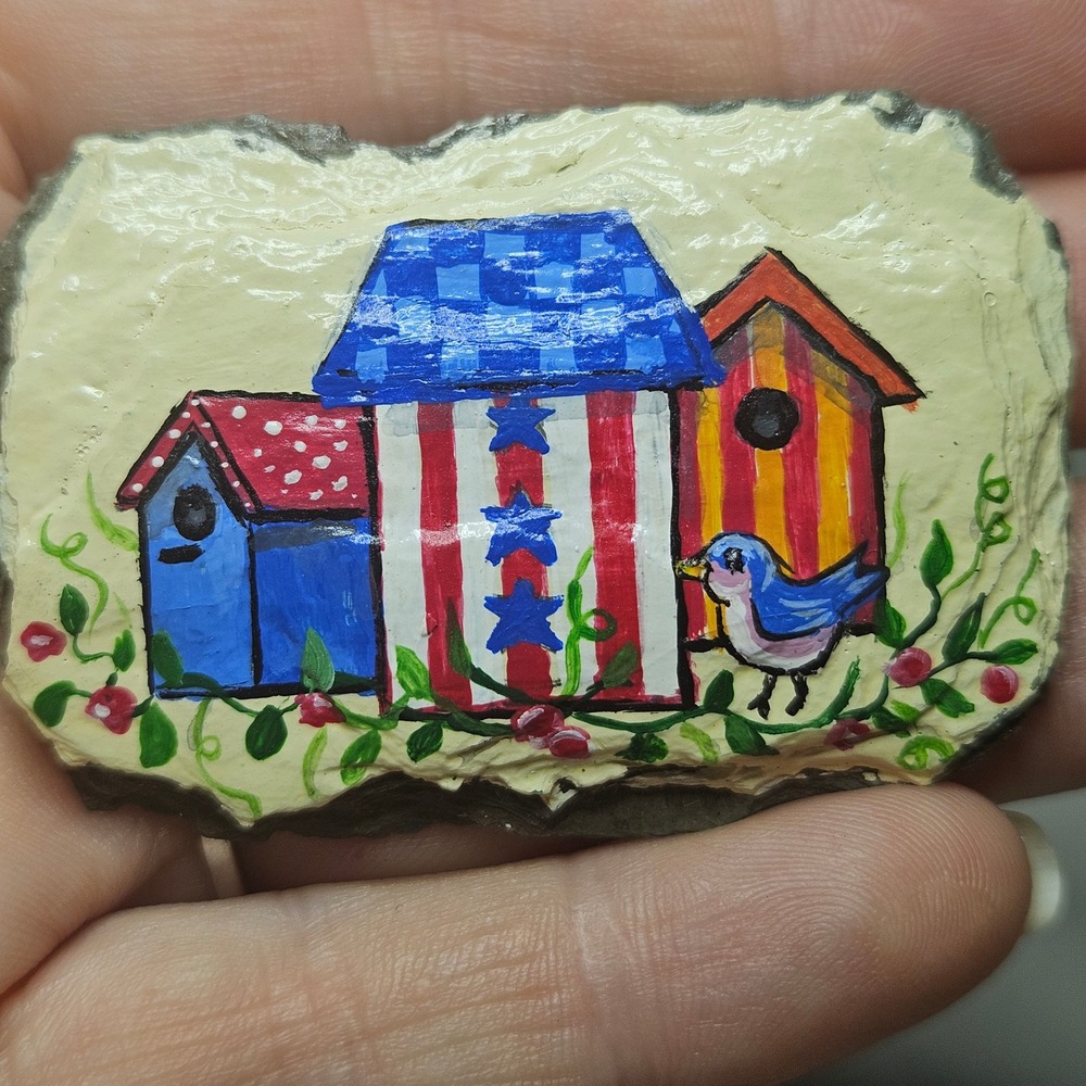 Vintage Hand Painted Slate Birdhouse Brooch Women OS Multicolor Folk Art Pin